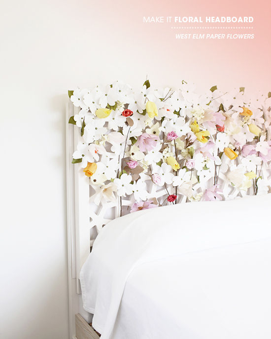 Un champ fleuri pour cette tête de lit avec des fleurs artificielles collées à une tête de lit avec du ruban adhésif et du fil d’aluminium de fleuriste